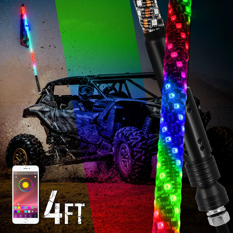 3FT/4FT/5FT RGB LED WHIP LIGHT WITH BLUETOOTH CONTROLLED & RED UNIVERSAL FLAGPOLE LIGHT MOUNT FOR ALL UTVS WITH 1.75" TO 2" ROLL CAGE