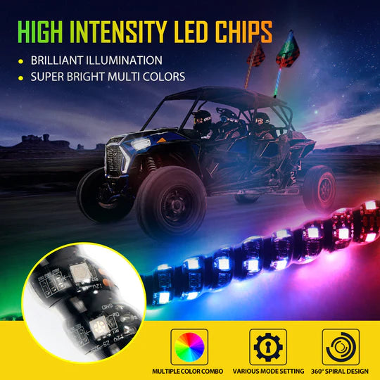 3FT/4FT/5FT RGB LED WHIP LIGHT WITH BLUETOOTH CONTROLLED & RED UNIVERSAL FLAGPOLE LIGHT MOUNT FOR ALL UTVS WITH 1.75" TO 2" ROLL CAGE